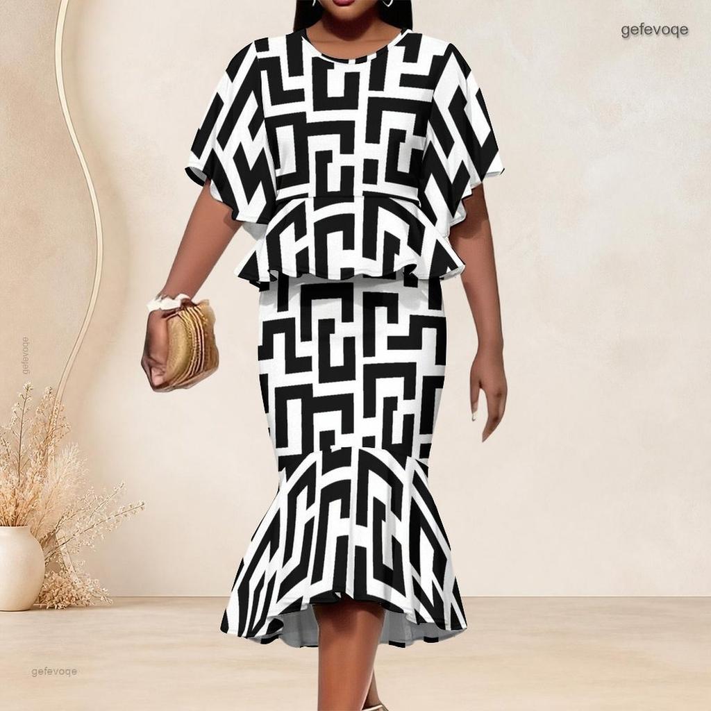 Women Plus Size Printed Round Neck Batwing Sleeve Ruffle Hem Top Fishtail Skirt Two Piece Set