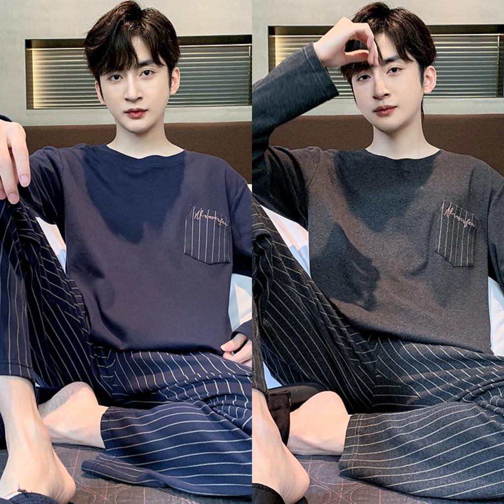 Herren 2-teiliger Pyjama Herren Frühjahrs- und Herbstmodelle aus Baumwolle Langarmhose Jungen Freizeit-Hausanzug