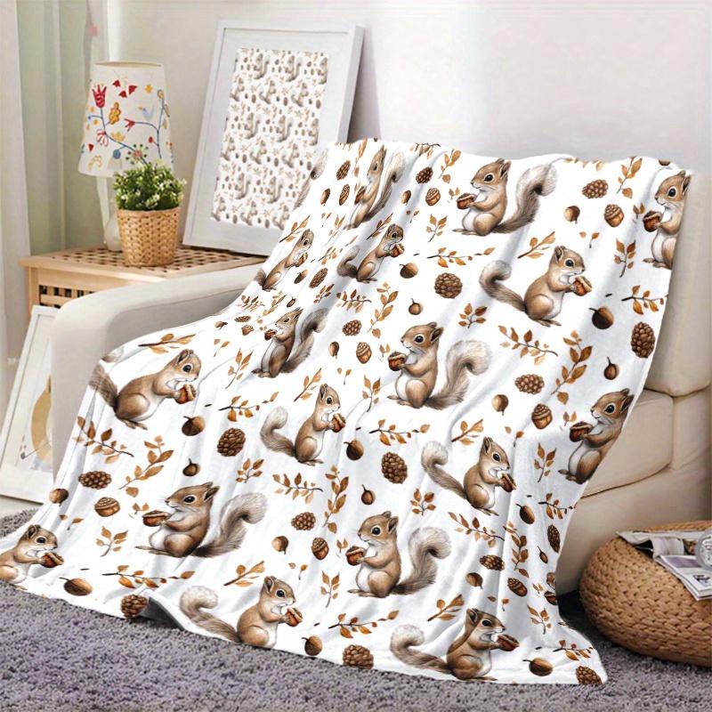 Squirrel & Pinecone Print Throw Blanket - Cute Autumn Forest Motif Soft Lightweight Accent for Sofa Bed Travel Office