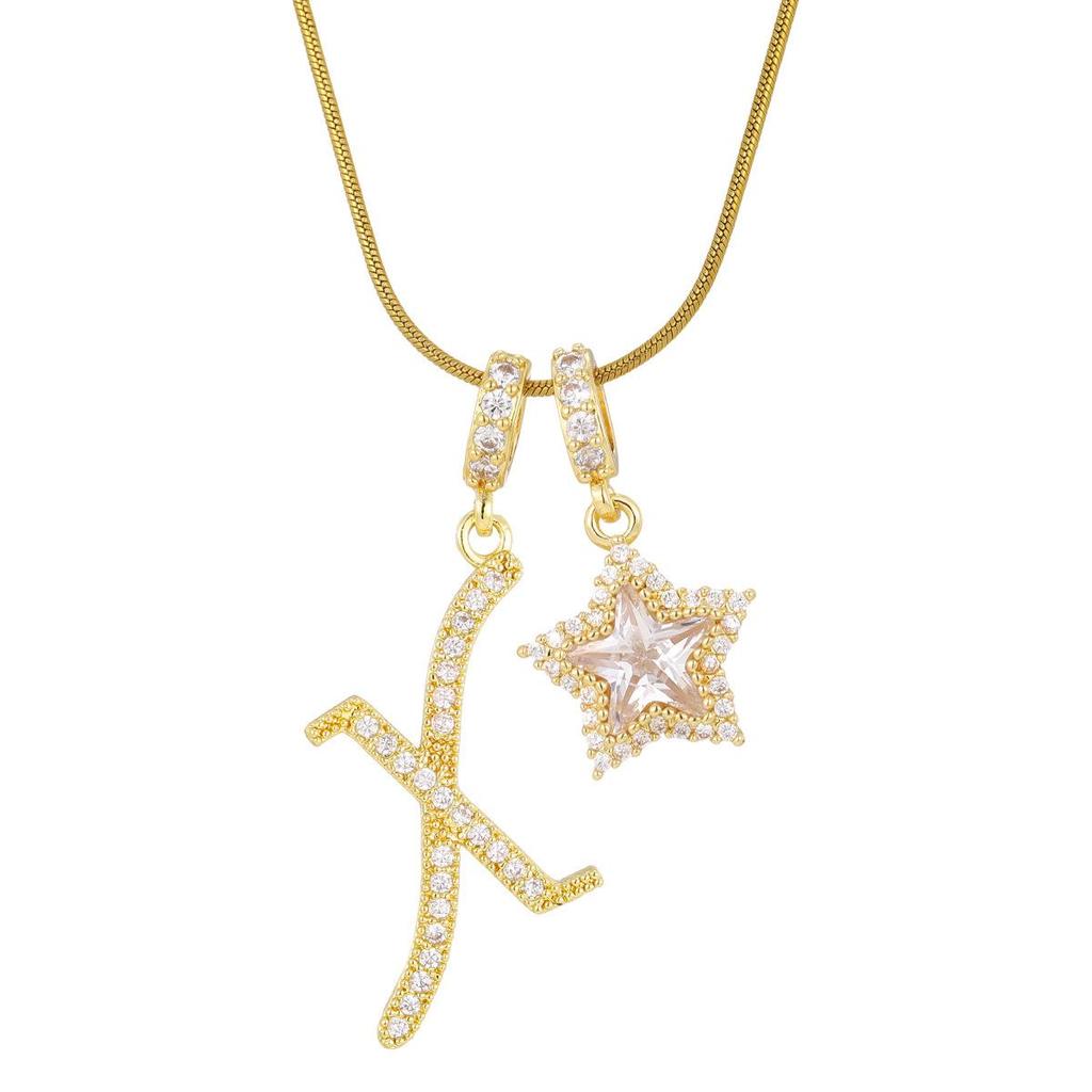 18K Gold Plated Copper Necklace with Zirconium Pentagram & Letter Pendant for Women