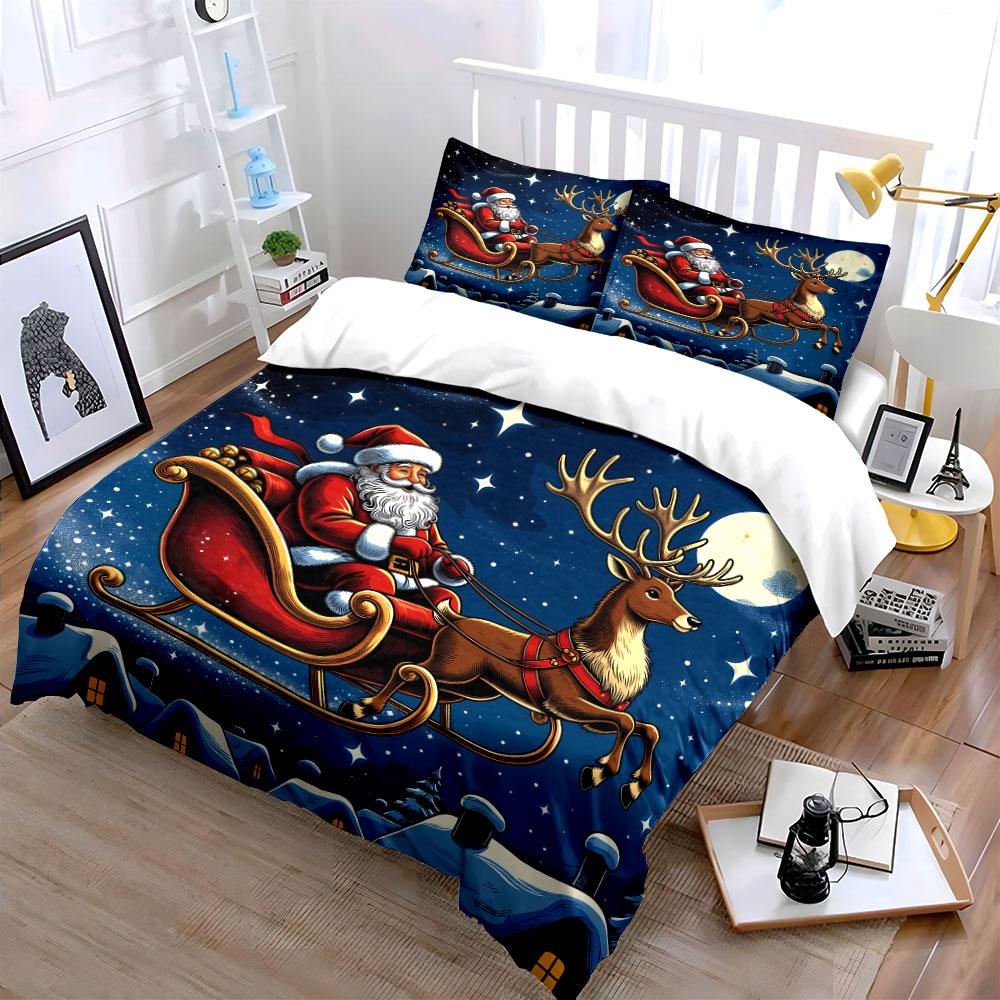 Santa Riding Sleigh At Night Bedding Duvet Cover Set Duvet Cover Pillowcases (1*Duvet Cover 2*Pillowcases, Without Duvet Insert)