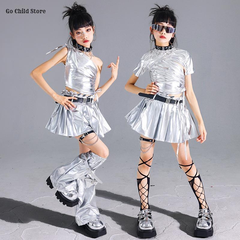 Mädchen K-Pop Silbernes Crop Top Glänzende Street Dance Röcke Kinder Hip Hop Jazz Kleidung Set Kinder Streetwear Girlgroup Bühnenkostüm