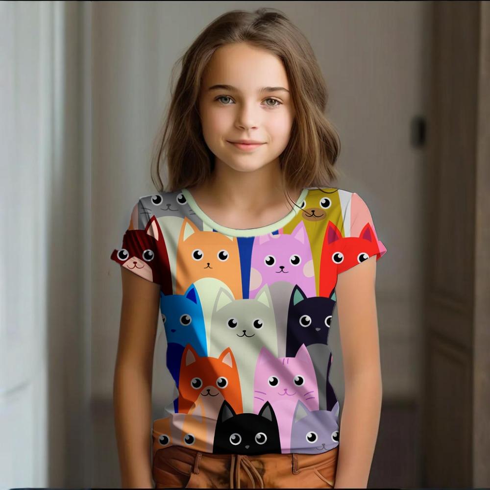 Girl Clothes Summer Cartoon Cat Graphic Children's Clothing  Doodling Short Sleeve O-Neck Top