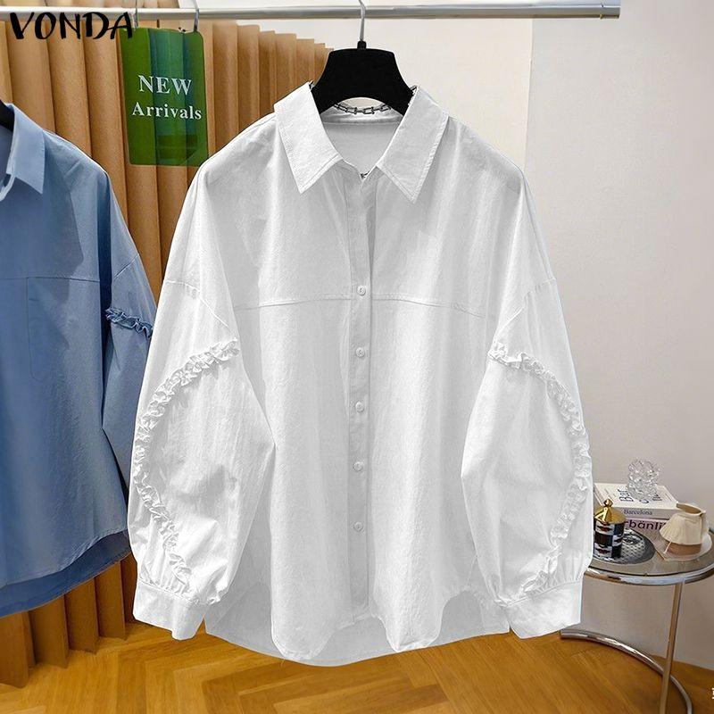 VONDA Women Casual Round Neck Ruffled Long Sleeve Solid Color Baggy Blouse