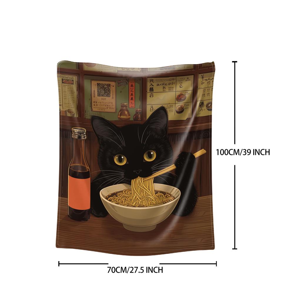 Black Cat & Noodles Print Throw Blanket - Cute Japanese Anime Motif Soft Lightweight Accent for Sofa Bed Travel Office Gift