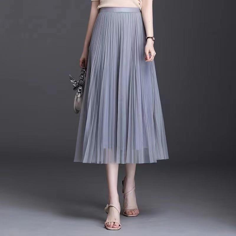 Mesh Pleated Women's Midi Skirt, High-Waisted A-Line for Spring/Summer