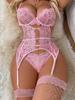 Naughty Sexy Lingerie Hot Mesh Embroidery Outfits Sexy Low Cut Bra with Thong Garters Belt Babydoll Sleepwear Ladies Exotic Sets