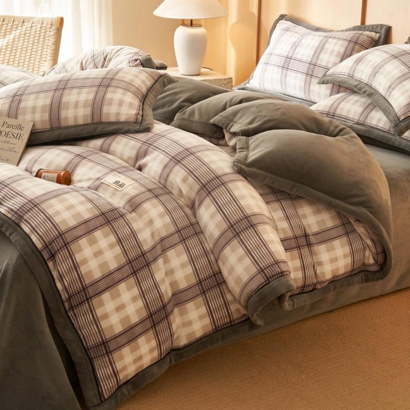 Winter Milk Fleece Bedding Set Thick Coral Sheet Modern Minimalist Style Geometric Plaid