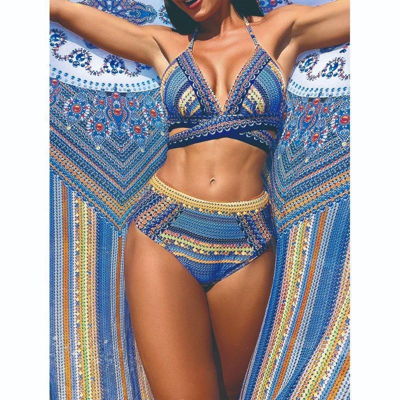 Boho Striped Crochet Bikini Set with Paisley Print Beach Cover Up