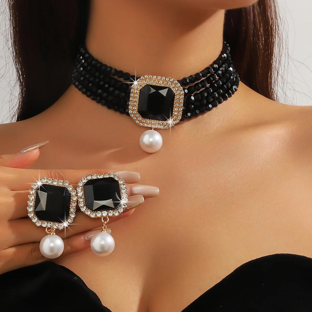 Vintage Multilayer Green Red Blue Black Crystal Necklace Geometric Square Zircon Earrings For Women Weddings Banquet Zircon Sets