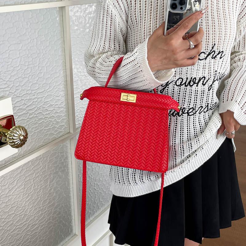 Women Fashion Woven Lock Buckle Small Square Shoulder Crossbody Handbag