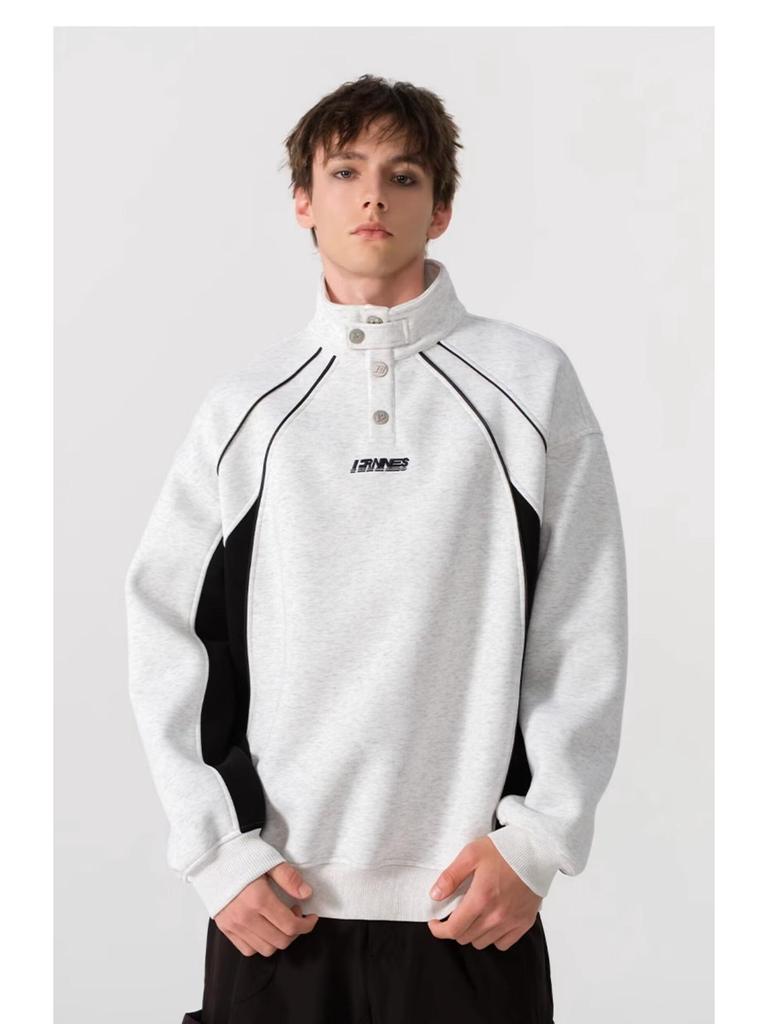 2025 Trendy Hong Kong Style Color Block Polo Shirt with Embroidery Lettering - Men's Retro Loose Hoodie