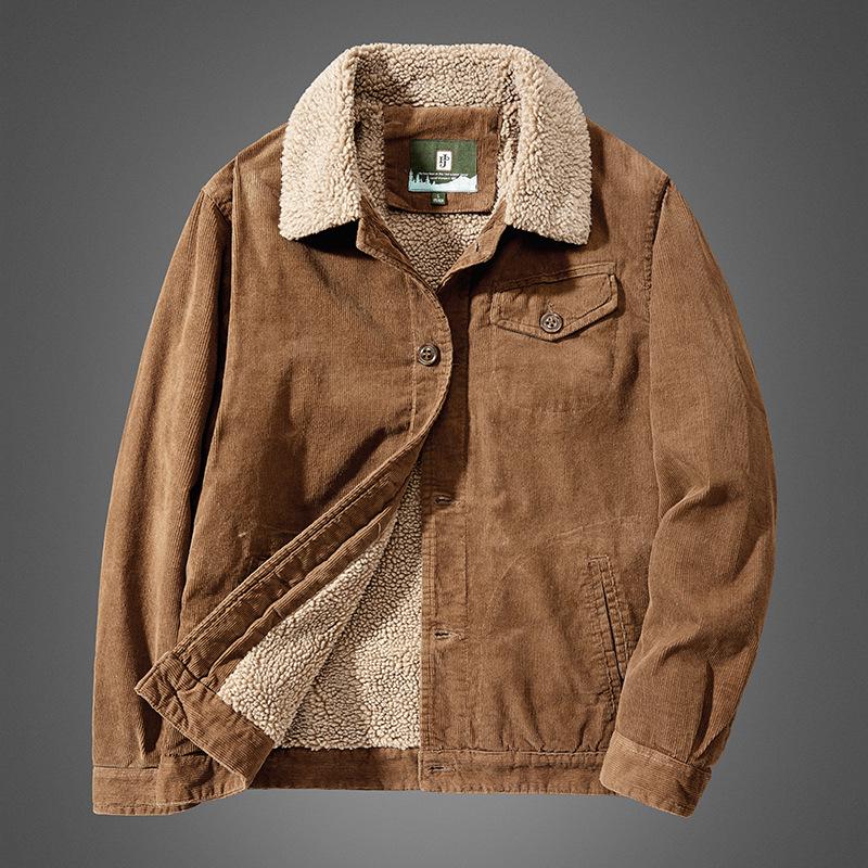 Men's Warm Corduroy Workwear Jacket, Plus Velvet Thickened, Winter Dad's Coat