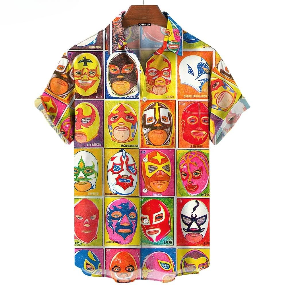 Camisa de Hombre con Estampado de Máscara 3D Verano Lucha Libre Camisa de Manga Corta Casual Camisa Hawaiana para Hombre Ropa Holgada Lucha Libre Mexicana