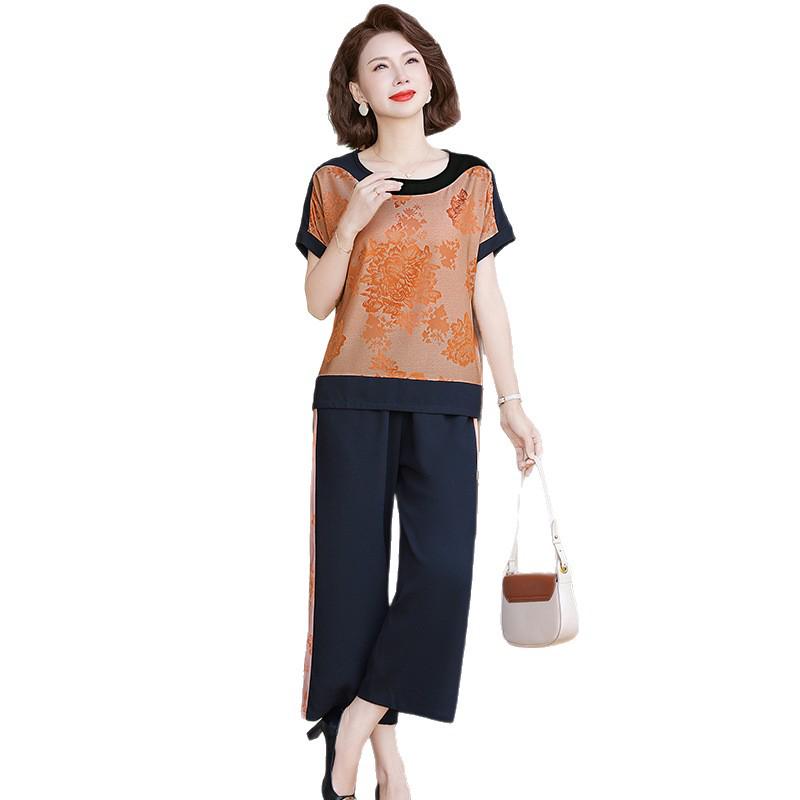 Mom's Summer Chiffon Short-Sleeved Suit: Elegant Two-Piece Top + Pants for Middle-Aged and Elderly Women