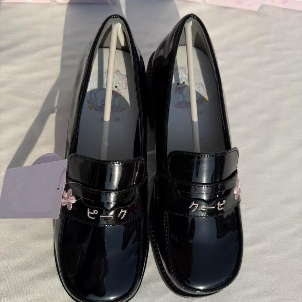 Preppy Gilrs Lolita JK Sewing Shoes,Female Students School Embroidered Cherry Block Kitten Heels Loafers