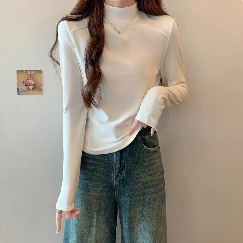 Long-sleeved bottoming shirt, T-shirt for women, half turtleneck, fishbone waist, layered inner layer, autumn and winter velvet warm top