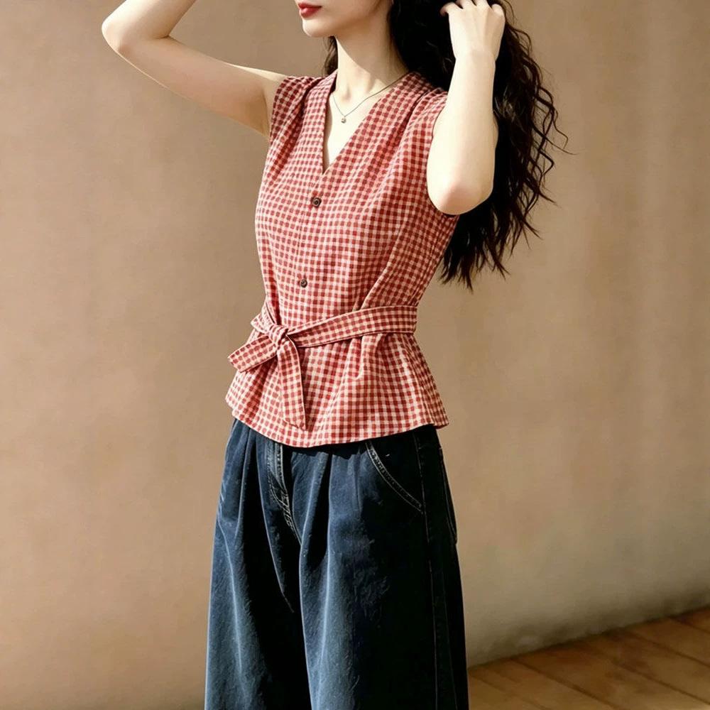 French retro red plaid sleeveless shirt women's summer new V-neck lace-up waist short-sleeved top A
