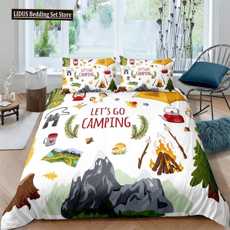 Šťastné kempování Povlak na přikrývku Queen Kreslený Karavan Kempingová Ložní souprava Styl Farmy 3D Obal na přikrývku Camper s povlaky na polštáře
