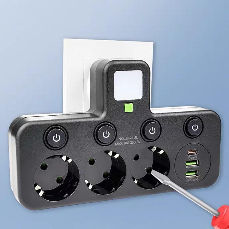 Multi-functional Socket with Smart Night Light USB Fast Charging Independent Control Multi-port Power Strip Overload Protection