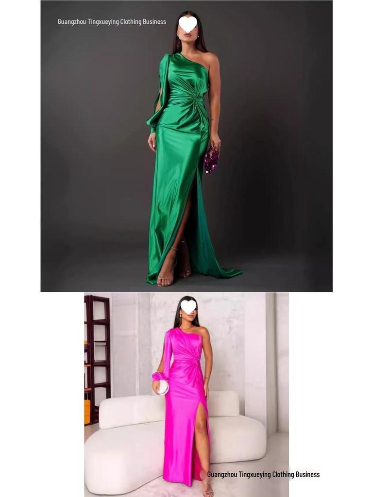 New Women's One-Shoulder Raglan Sleeve Pleated Waist Slit Sexy Long Dress