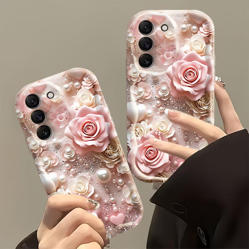 Phone Case For Samsung Galaxy S26 Ultra S25 S24 S22 S23 Plus FE A56 A55 A37 A36 A27 A26 A16 Pink Rose Flowers Cream Soft Cover