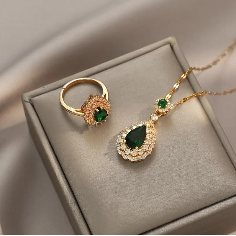 Luxury Brand Classic Green Water Drop Emerald Pendant Necklace for Women Exquisite  Stainless Steel Crystal Jewelry Colorfast