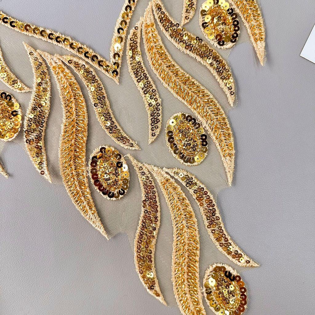 Gold Handmade Beaded Sequins Costume Dress Performance Costume Accessories Decorative V-Neck Front Neck Cloth Stickers Accessories