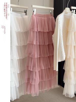 2026 Spring Korean-Style Mesh Layered Mid-Length Skirt - High-Waisted, Elegant, Flowy Gauze Skirt for Women