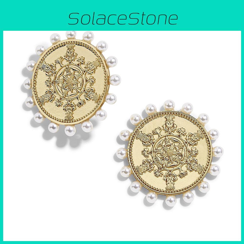 Elegant Round Pearl Stud Earrings For Women With Antique Metal Charm