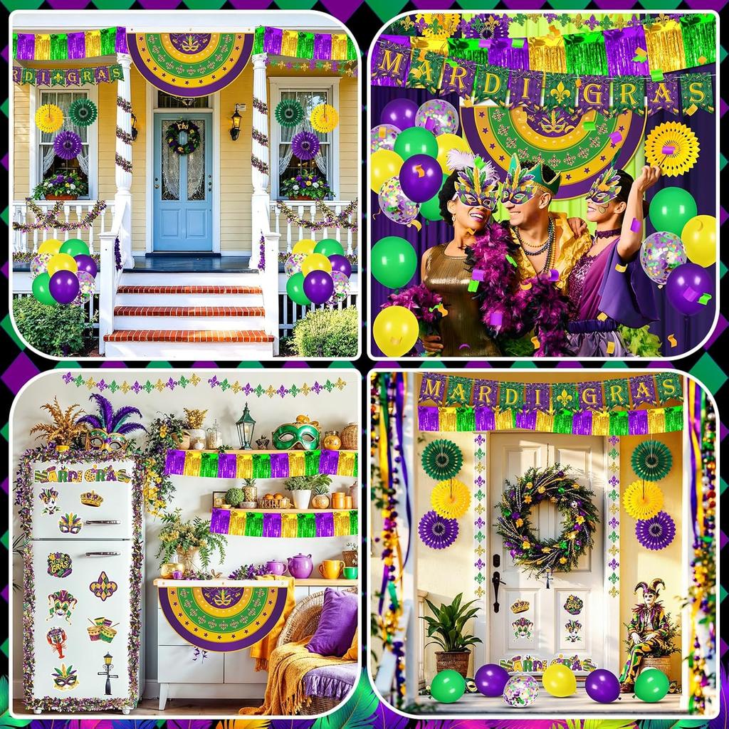 Mardi Gras Parade Float Decorations Kit Purple Green Gold Tinsel Garlands Fan Flag Mardi Gras Banner Balloons Paper Fans Streamers Masquerade Masks