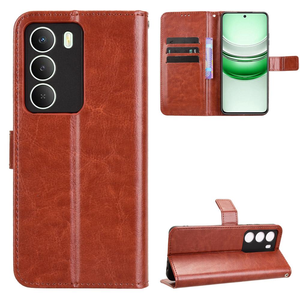 

For Realme V70 5G/Realme V70s 5G/Realme 14x 5G PU Leather Case with Strap Crazy Horse Texture Phone Wallet Cover Brown