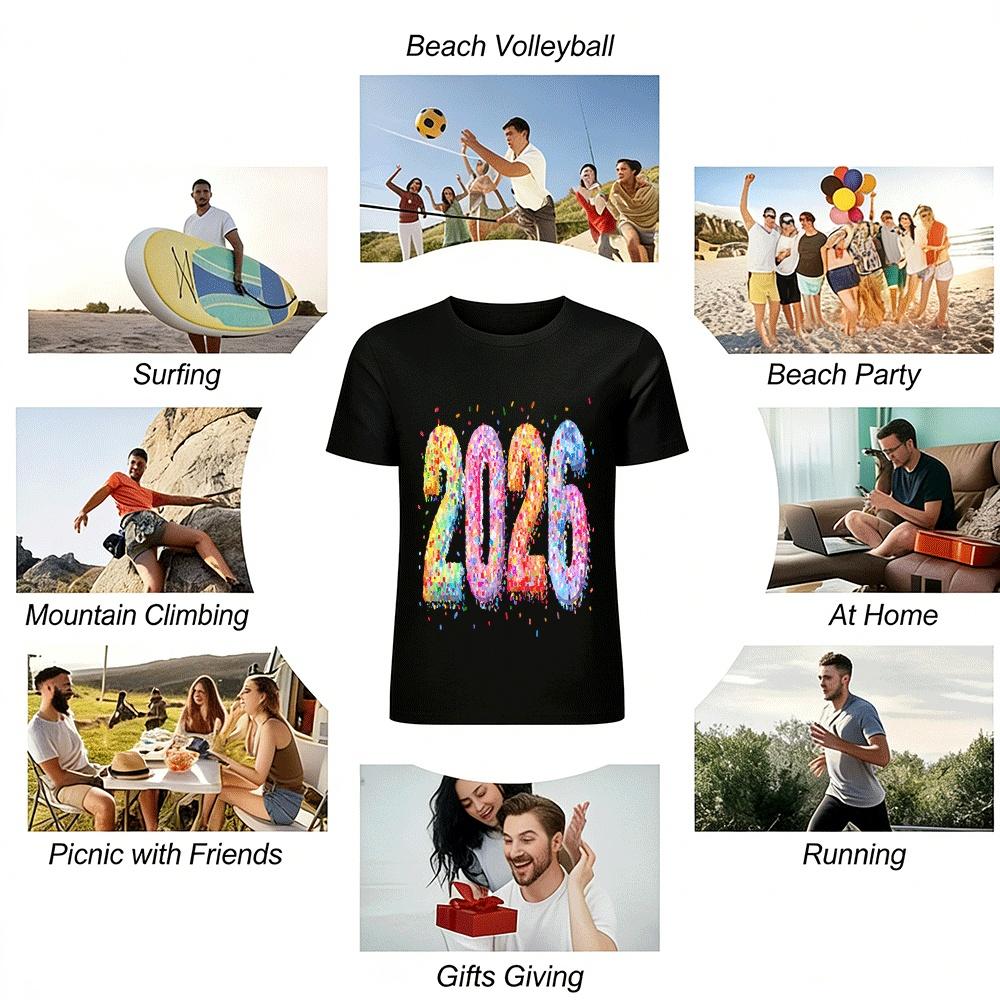 2026 New Year Themed Colorful Print Casual Loose Unisex T-Shirt Pure Cotton T-shirt