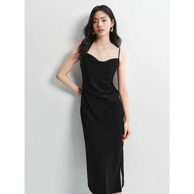 Taiping Niao Women's Black Pearl Cowl Neck Slip Dress