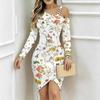 Women Plus Size Cold Shoulder Long Sleeve Multicolor Wildflower Print Irregular Slit Bodycon Midi Dress