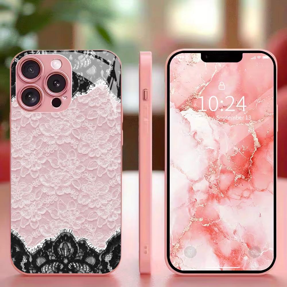 Classic Pink & Black Lace phone case for iphone 17 case for iphone 17 pro max cover Glass for iPhone 17 16 15 14 13 12pm Pro P