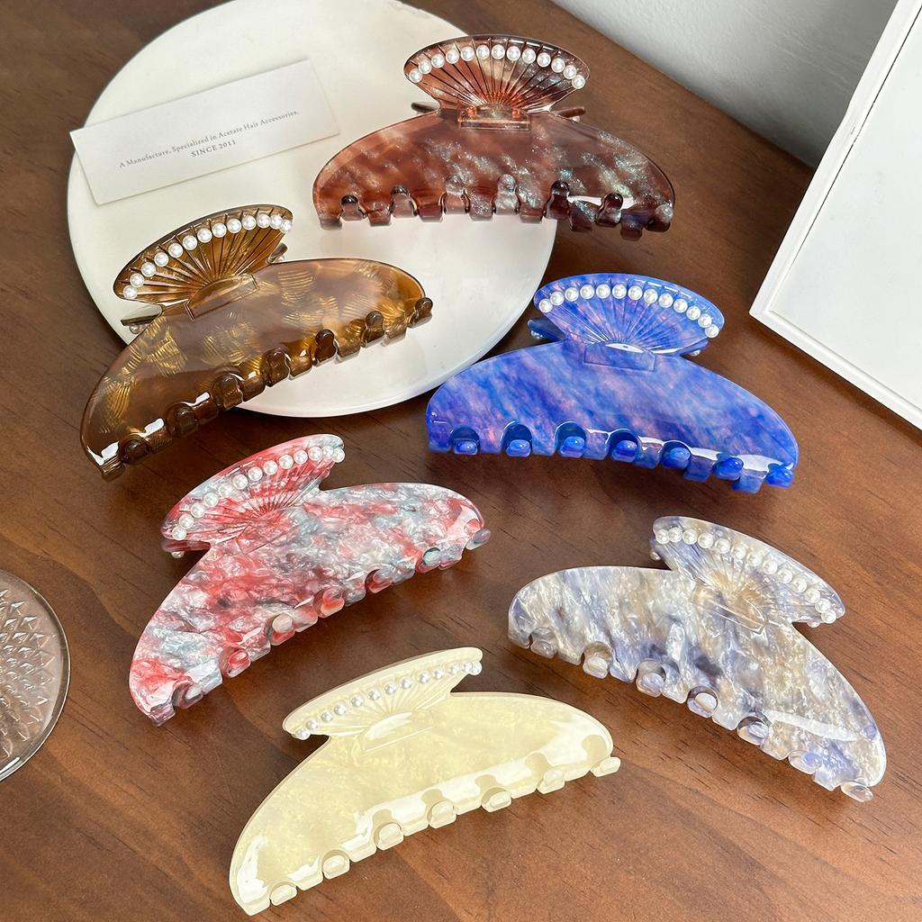 Trendy Large Acetate Hair Claw Clip With Beautiful Shell And Embellishments Pearl