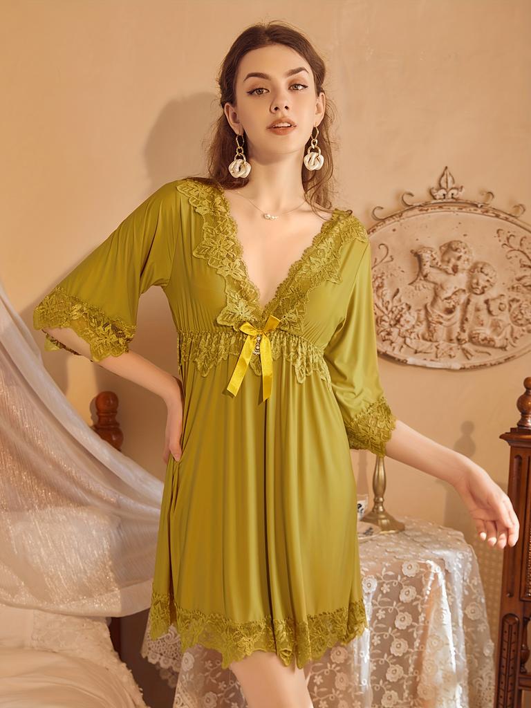 Sexy Lace Nightgown with V-Neck and Bow, Soft and Comfortable Splicing Design