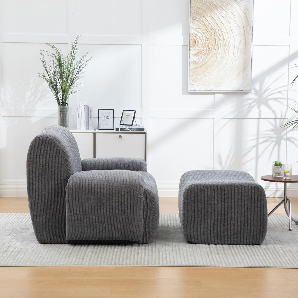Chenille armchair with stool, vacuum-packed with 30D high-elasticity foam filling, assembly-free for living room & small spaces-Gray