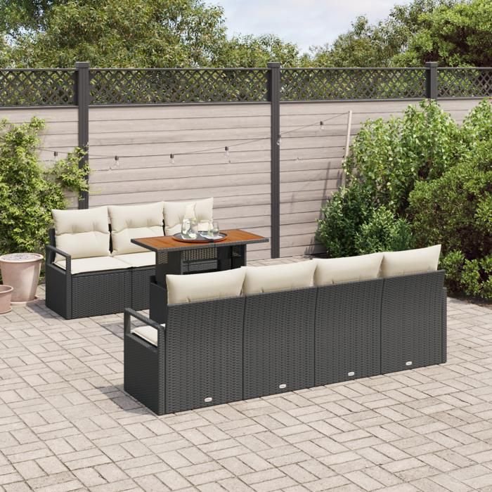 Ensemble de Canapés de Jardin 8 Pièces avec Coussins en Poly Rattan Noir, Canapé de Jardin 2 Places avec Coussins en Poly 3349669