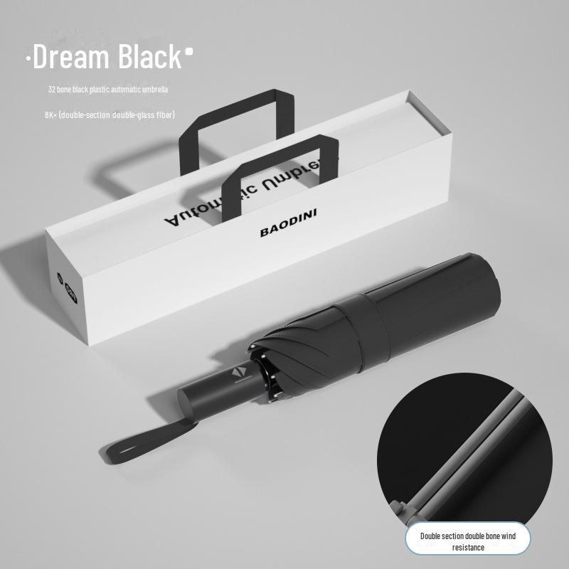 Schwarzer automatischer Sonnen- und Regenschirm mit 32 Knochen – kompakter Sonnenschirm mit doppeltem Verwendungszweck für Damen, ideales Geschäftsgeschenk