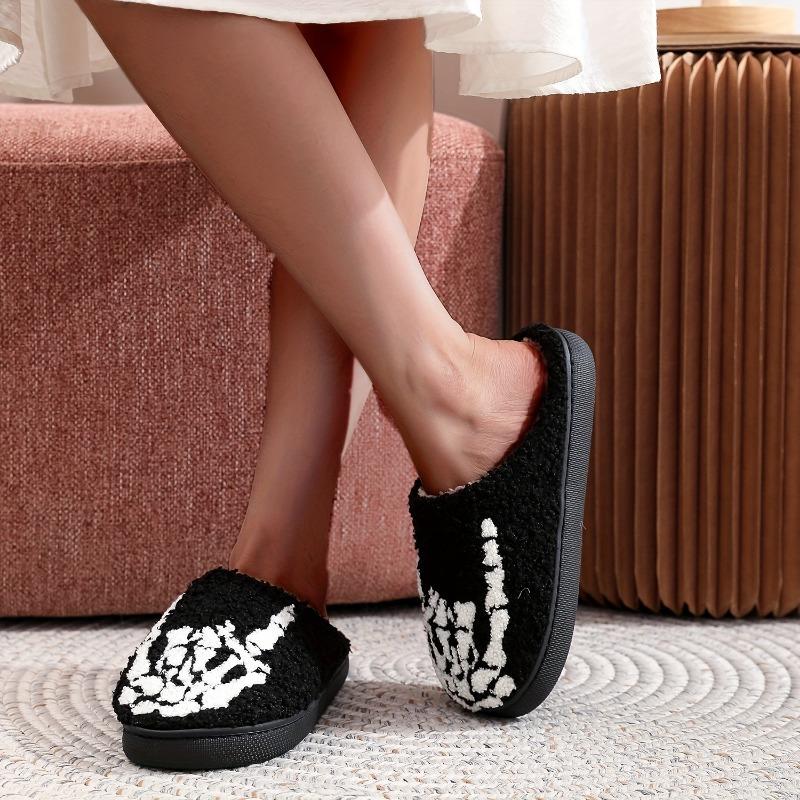 Halloween Gift - Skull Finger Bones Punk Style Plush Slip-On Slippers for Women & Men, Black & White Skeleton Design, Soft Fabric with Plush Lining