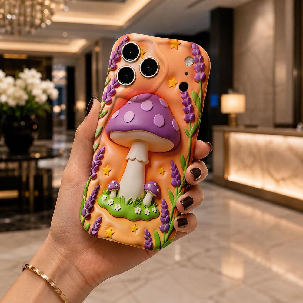 Polka Dot Mushroom Lavender Star Wavy Edge Phone Case for iPhone 17 16 15 14 13 12 11 8 7 Plus Pro Max Fun Design
