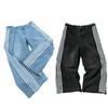 Mens Retro Streetwear Straight Cut Wide Leg Denim Pants With Stripe Detail Water Washed Cotton Blend