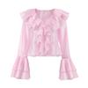 French Court Chiffon Ruffle Top Women's 1116 Spring and Summer Design Pink V-neck Horn Sleeve Shirt