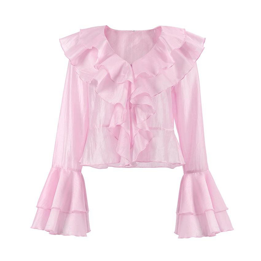 French Court Chiffon Ruffle Top Women's 1116 Spring and Summer Design Pink V-neck Horn Sleeve Shirt