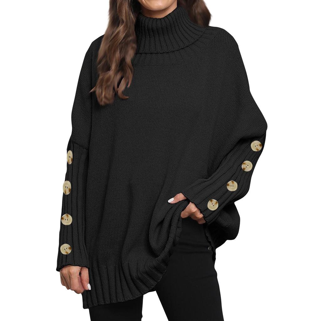 Women's  And Winter Pullover Sweater Button Knit Solid Color Lapel Loose Woven Sweater Top