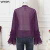VONDA Blusa casual da donna con scollo rotondo, maniche lunghe, in rete e pizzo, trasparente, con balze