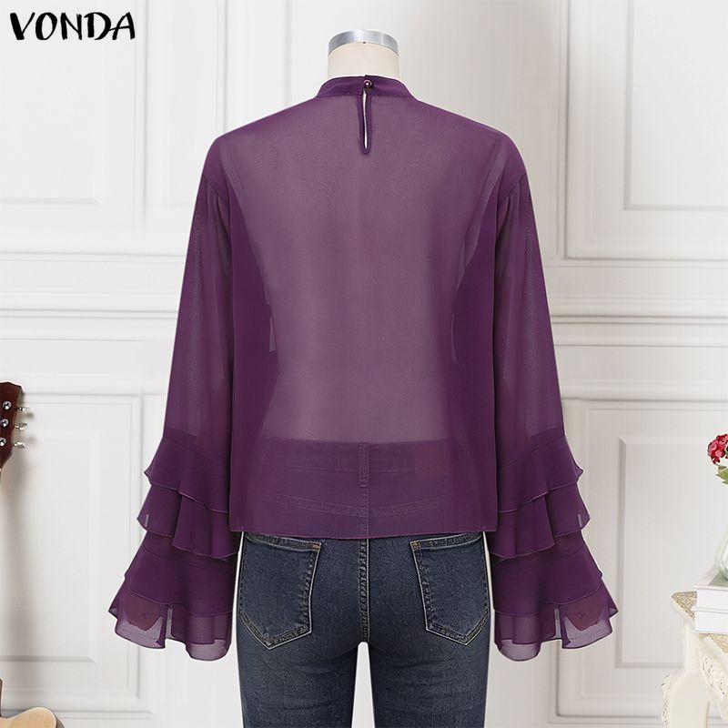 VONDA Blusa casual da donna con scollo rotondo, maniche lunghe, in rete e pizzo, trasparente, con balze
