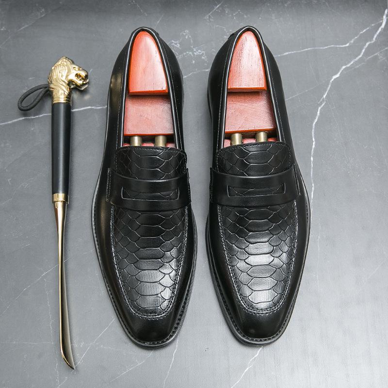 Men's Cross-Border Stylish Slip-On Leather Business Casual Shoes, Fashionable Black Wedding Loafers